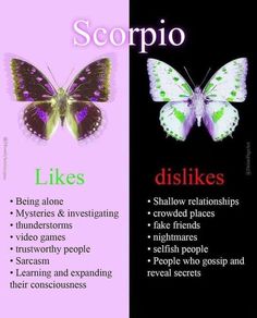 two different types of butterflies with the words scorpio and like's