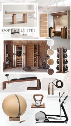 the interior of a home gym with various items in it and an advertisement for sports & bien - ete