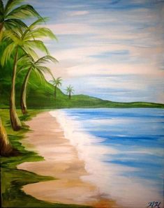 a painting of a beach with palm trees on the shore and water in the foreground