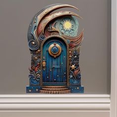 a blue door with a clock on the top and stars in the sky above it