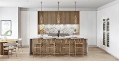 a large kitchen with marble counter tops and wooden cabinetry, along with chairs around a dining room table