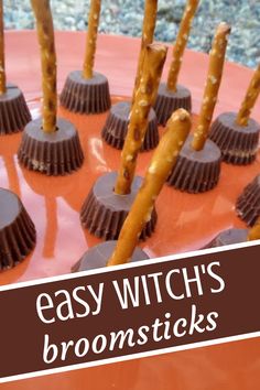 chocolate cups with candy sticks sticking out of them and the words easy witch's brooms on top