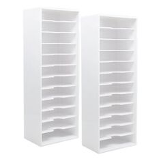 two white bookcases are shown side by side