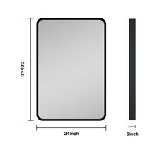 an image of a mirror with measurements for the frame and back side, shown in black