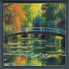 a painting of a bridge over water with lily pads and trees in the foreground