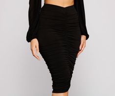 Have a major stylish moment in this figure-flattering midi skirt. It features a high-rise waist. front and back ruched detailing. and a mid-length. form-fitting silhouette that will hug your curves. Pair this skirt with a cropped blouse and clear heels.Fit & Features High-rise waist Front and back ruching Mid-length. form-hugging fit Knit fabric Runs true to size Elegant Ruched Midi Bottoms, Elegant Ruched Midi Length Bottoms, Elegant Ruched Bottoms In Midi Length, Chic Ruched Midi Skirt, Spring Date Night Ruched Bottoms, Fitted Midi Bottoms For Date Night, Chic Ruched Pencil Skirt, Fitted Ruched Bottoms For Workwear, Stretch Midi Pencil Skirt For Date Night