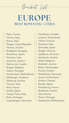 the bucket list for europe in blue and white, with text that reads best romantic cities