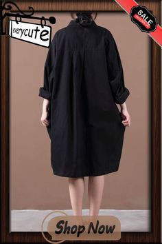 Style Black Dress Lapel Side Open Loose Spring Dress Style Black Dress, Black V-neck Shirt Dress With Button Closure, Spring Dress, Dress Materials, Make Sure, Black Dress, Shop Now, Black