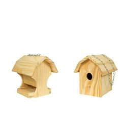 two wooden bird houses with chains hanging from them