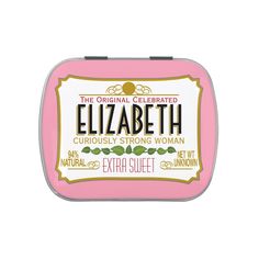 a pink tin with the words elizabeth on it