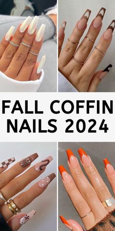 Fall Nails Ideas Acrylic Coffin Short, Coffin Fall Nail Ideas, Fall Nails 2024 Coffin, Coffin Nails Fall 2024, Fall Nail Coffin Designs, Fall Nails For Tan Skin, September Nails Coffin, French Nails Fall Design, Fall Coffin Nails 2024