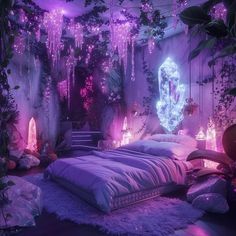 Crystals Aesthetic Bedroom, Wisteria Bedroom, Alien Interior, Winter Pool, Crystal Bedroom, Lights Ideas, Purple Rooms, Baddie Aesthetic