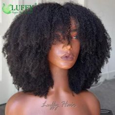 Black Wigs With Bangs Human Hair Afro Kinky Curly Scalp Top Machine Made Wigs, #AD, ##Machine, #Advertisement, #Top, #Scalp, #Curly Human Hair Afro Wigs, Grey Hair Pieces, Bang Wig, Top Wig, Textured Curly Hair, Curly Bangs, Afro Wigs, Hair Color Shades, How To Style Bangs