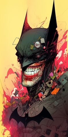 the joker is smiling with his teeth painted red and yellow, while he's wearing a batman mask