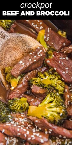 broccoli and beef stir fry in a pan with sesame seeds on the side