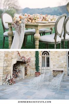 an outdoor dining table and chairs with flowers on them, next to a stone fireplace