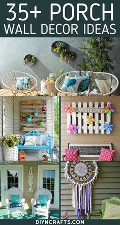 the front porch is decorated with colorful flowers and other things to decorate it for spring