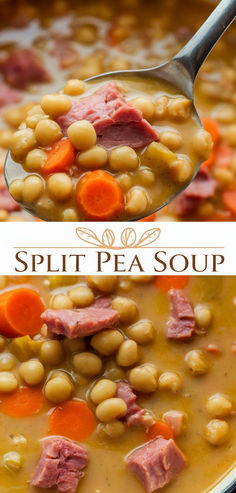 split pea soup with ham and carrots in a pot