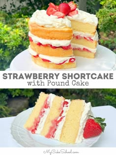 strawberry shortcake with pound cake on the side and strawberries in the top layer