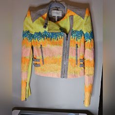 Bcbgmaxazria Limited Edition Runway Moto Jacket The Everest Jacket Size Xs In Good Condition Beautiful Colors Selling As Is Questions? Leave A Comment Below! Multicolor Long Sleeve Biker Jacket For Streetwear, Multicolor Bohemian Acrylic Outerwear, Multicolor Fitted Long Sleeve Biker Jacket, Hand Knitted Multicolor Acrylic Outerwear, Multicolor Oversized Acrylic Outerwear, Moto Jacket, Orange Yellow, Limited Editions, Color Orange