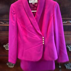 Beautiful Magenta Two Piece Skirt Suit By Tahari In Size 2 Petite. New With Tags. Fitted Silk Skirt Suit For Work, Fitted Silk Skirt Suit With Long Sleeves, Elegant Tailored Pink Skirt Suit, Other Woman, Skirt Suit, Two Pieces, Two Piece Skirt, Size 2, Two Piece