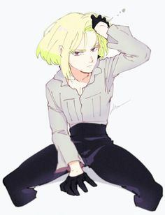 an anime character with blonde hair and black pants