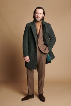 A handmade bespoke coat cut from a warm, soft and cozy pure lambswool woven with a "barley corn" weave that gives it incredible texture and character. If you're looking for a classic coat with a little more texture and color than a traditional solid - this is a new classic. Winter Wool Tweed Jacket With Concealed Placket, Timeless Tweed Outerwear With Notch Lapel, Winter Long Coat Tailored Tweed Jacket, Fall Tweed Wool Coat For Tailoring, Timeless Tweed Outerwear For Winter, Winter Tailored Long Coat Tweed Jacket, Winter Tweed Wool Long Coat, Winter Wool Coat With Welt Pockets For Tailoring, Wool Long Coat With Welt Pockets