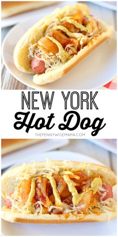 a hot dog on a bun with toppings and the words new york hot dog