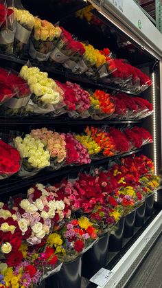 many different colored flowers are on display in a store