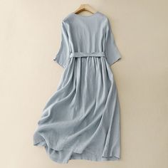 Women's Elegant Linen Dress Crew Neck Mid Sleeve with Waist Belt Cotton Linen Dress Casual A-line Belted Dress For Spring, Casual Spring A-line Belted Dress, Plain Spring Dress For Day Out, Plain Dress For Spring Day Out, Plain Dresses For Day Out In Spring, Casual Belted Dresses For Dress Down Occasions, Blue Plain Dresses For Spring, Plain Blue Spring Dresses, Blue Plain Spring Dresses