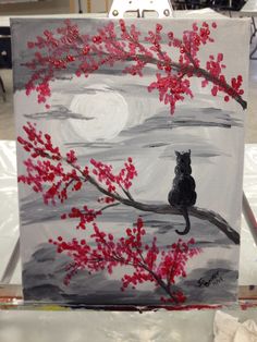 a painting of a cat sitting on a tree branch