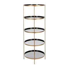 Brighten up any space with this contemporary round 5-tier tagre. Poised and polished, its durable iron frame features a chic brass finish that frames its black circular shelves. Designer love to use one on either side of a sofa for instant glamour. Color: Black/Brass. Circular Shelves, Freestanding Shelf, Contemporary Bookcase, Bookcases For Sale, Bookcase Styling, 5 Shelf Bookcase, Cube Bookcase, Etagere Bookcase, White Shelves