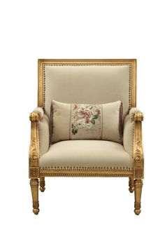 HYGGE CAVE | FABRIC ANTIQUE GOLD ACCENT CHAIR Gold Accent Chair, French Provincial Chair, Chair Pillow, Acme Furniture, Wood Trim, Sitting Area, Toss Pillows, Nailhead Trim, Sofa Pillows