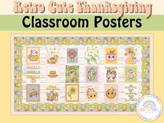 a poster with the words retro cat thanksgiving classroom posters on it and an image of pumpkins