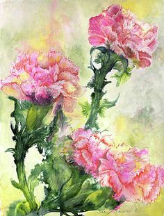 pink carnations are in a vase on a yellow and green background with watercolor