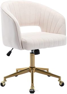 a white office chair with gold wheels and casteors on an upholstered base