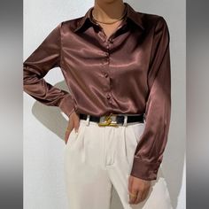 Shein Coffee Brown Satin Bizwear Button Up Shirt Satin Shirt Outfit Classy, Brown Satin Shirt, Bright Green Blouse, Satin Shirt Outfit, Pink Button Up Shirt, Satin Shirts, Satin Button Up, Drop Shoulder Shirt, Black And White Flannel