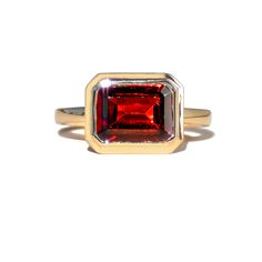 14K Solid Gold 1 Piece 7 x 9 mm Garnet｜Red｜Emerald-Cut｜Eye Clean Garnet CTW: 2.40 Red Garnet Ring, Garnet Red, Garnet Ring, Garnet Rings, Red Garnet, Natural Red, Real Gold, Emerald Cut, Garnet