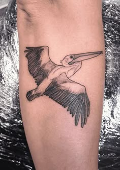 a black and white tattoo of a pelican on the right leg, with wings spread out