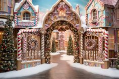 the entrance to a decorated christmas village