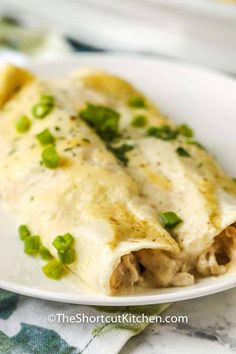 an enchilada with meat and green onions on a white plate