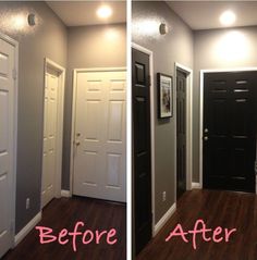 before and after photos of a home's entryway with dark wood flooring