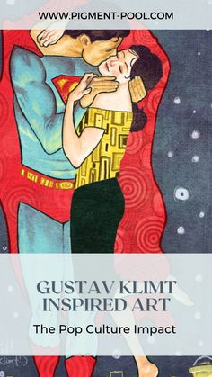 an image of a man and woman hugging in front of the words gusta klimt inspired art