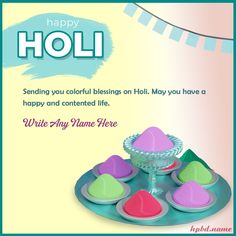 happy holi greeting card with colorful powders on plate and banner in the background