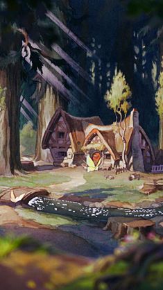 a painting of a log cabin in the woods