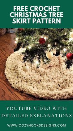 a crocheted christmas tree skirt is shown with the words, free crochet christmas