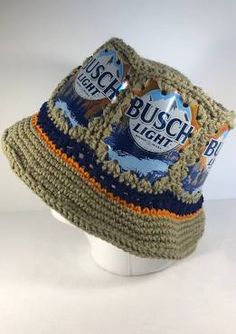 a crocheted hat with busch light on it