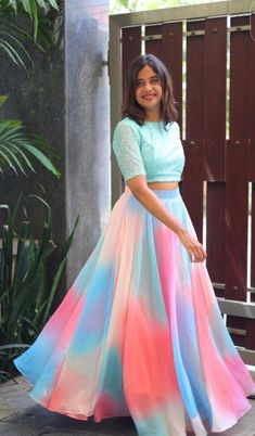 Half Saree For Women, Crop Top And Skirt Designs, Saree Gown Design, Georgette Half Saree, Lahanga Design Latest Simple For Girls, Crop Top Designs For Lehenga, Frocks For Women Party Wedding, Leghanga Half Saree Blouse Design, Sarees As Long Frocks