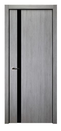 an open door with a black handle on the front and side panel, in grey wood grained finish