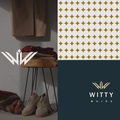 the logo for witty works is displayed next to some shoes and clothes on a stool